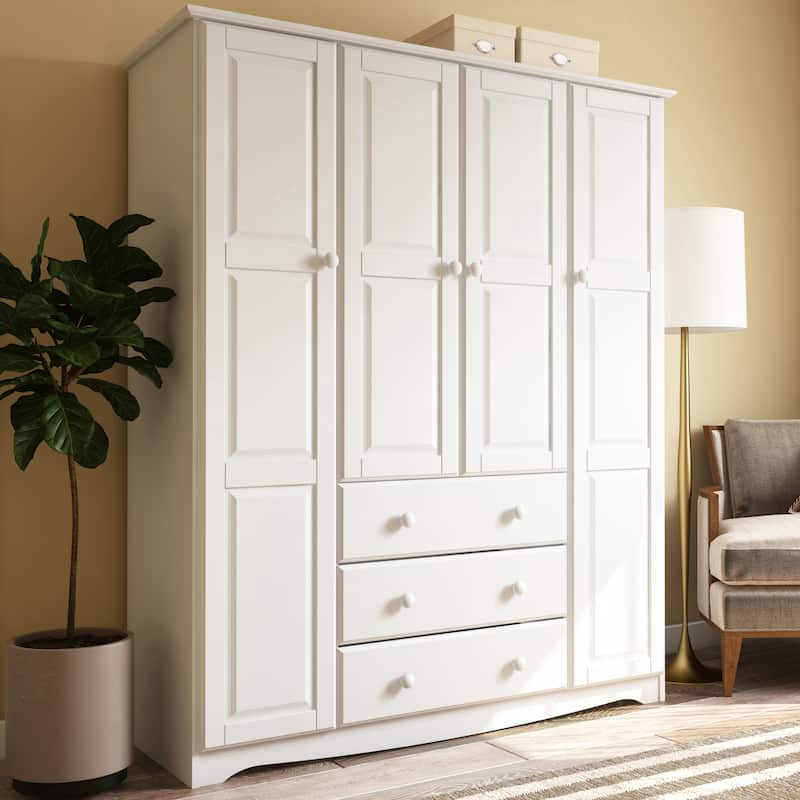 Palace Imports 100% Solid Wood Family 4-Door Wardrobe Armoire with Metal or Wooden Knobs - White