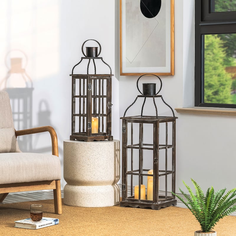 Glitzhome Farmhouse Wooden Metal Cage Candle Holders Patio Hanging Vintage Lanterns (Set of 2)