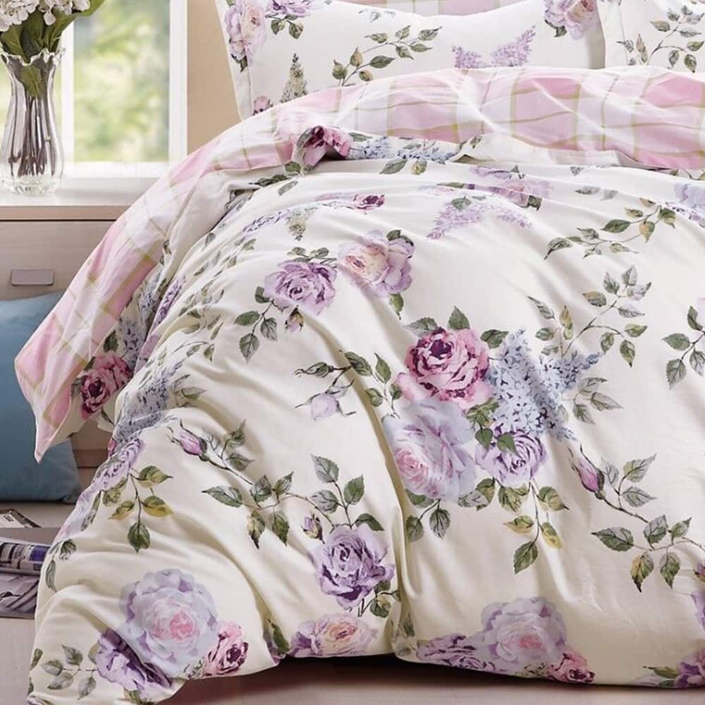 5pc Queen Rose Cotton Bedding Set Duvet Cover Pink-Purple - On Sale ...