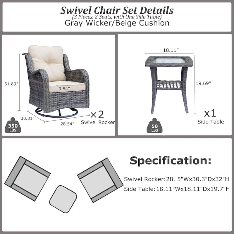 Outdoor Patio Wicker Furniture Swivel Rocker Chairs Set with Cushions