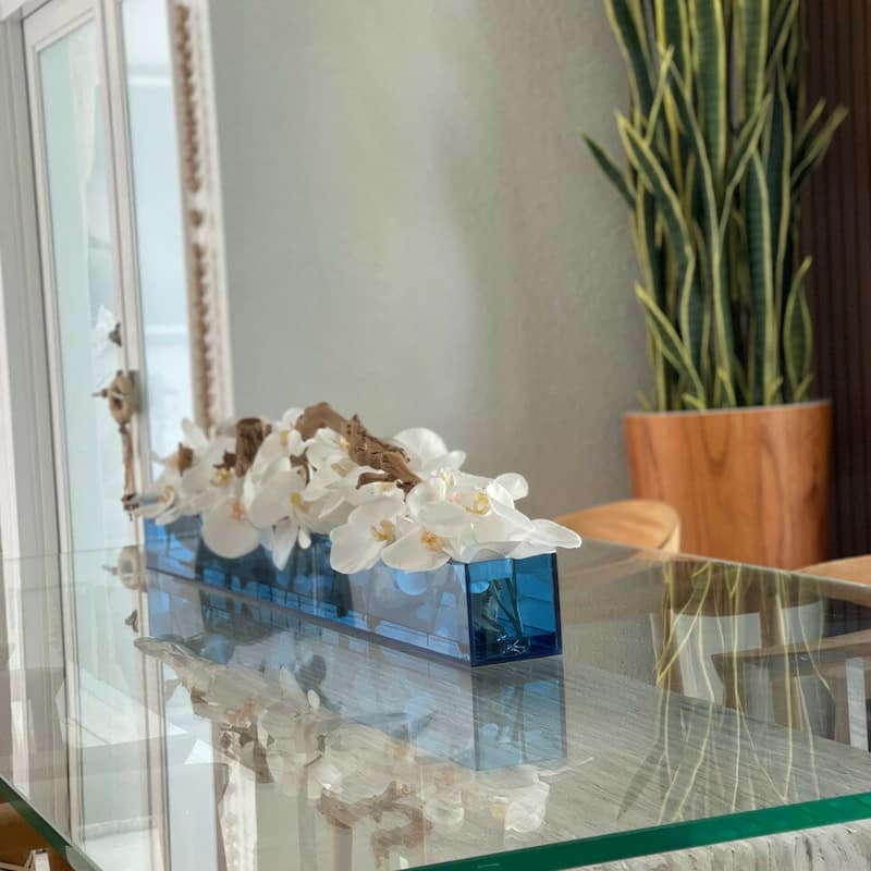 Blue Acrylic Casa Moderna Planter with White Orchids and Driftwood - 36"W X 8"H x 6"D