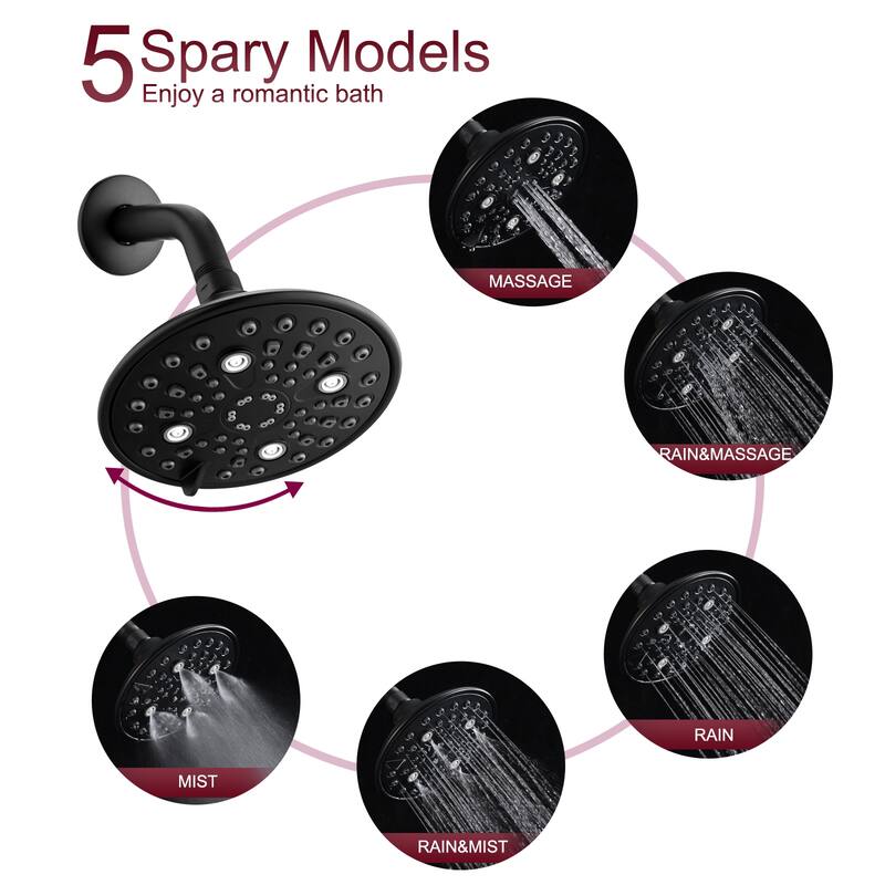 Proox High Pressure Balance 5 Spray Wall Mount 6 inch. Round Shower Faucet Single Handle
