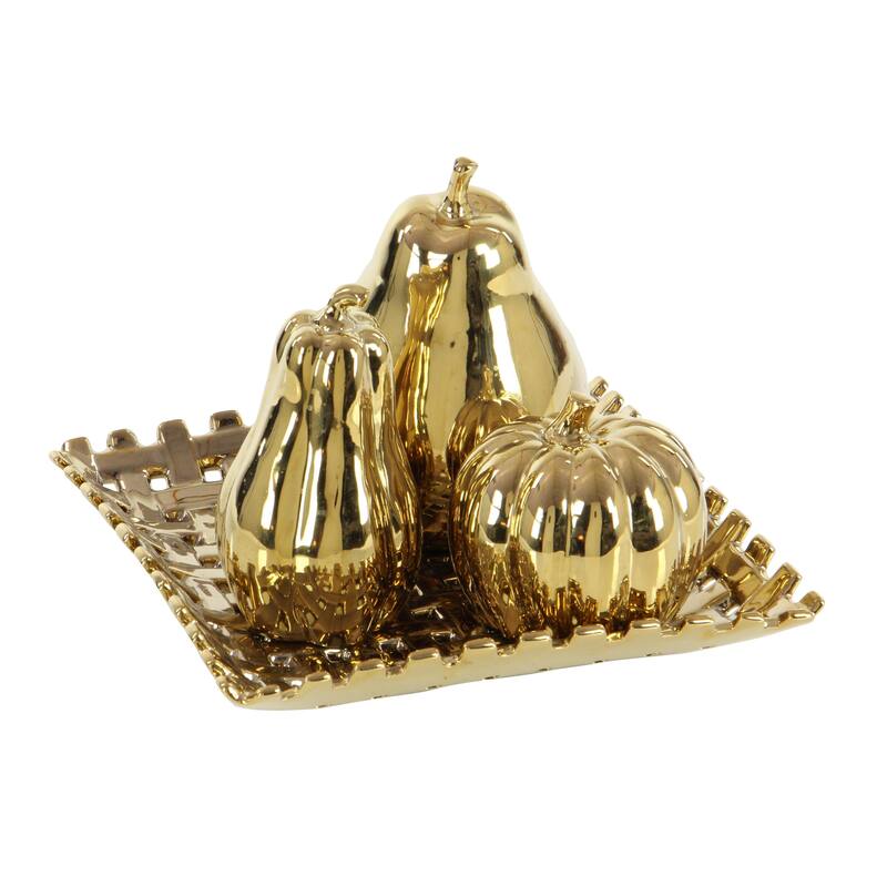 Ceramic Fruit Pear, Pumpkin, and Squash Decorative Sculpture with Decorative Plate - Set of 4 Gold or Silver - Roche River Decor