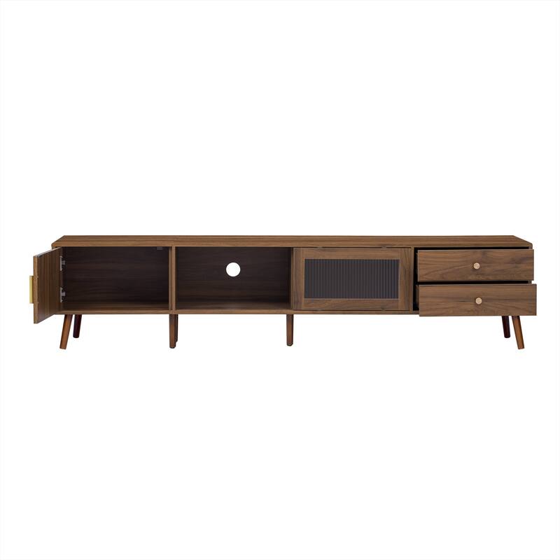 76" Modern Minimal Glass-Doors Tv Stand For Tvs Up To 85 Inches, Wood-Grain Entertainment Center With Storage Cabinets