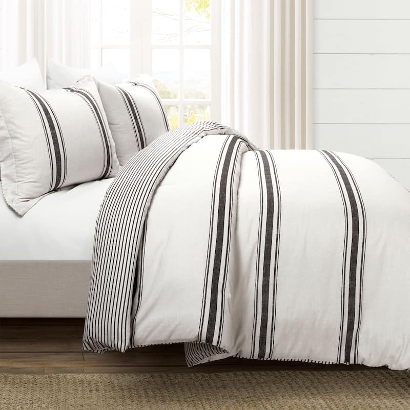 Lush Decor Farmhouse Stripe 3 Piece Duvet Cover Set - Black - Full - Queen