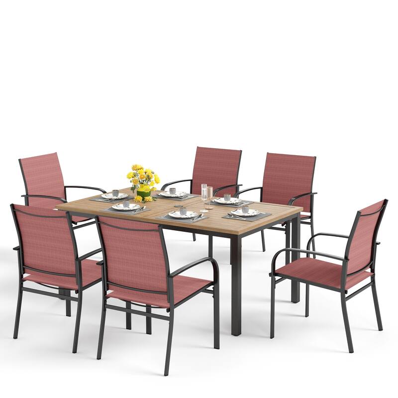MAISON ARTS Outdoor Patio Dining Set 7 Piece Furniture Set with 6 Textilene Chairs and Metal Rectangular Brown Dining Table - Red