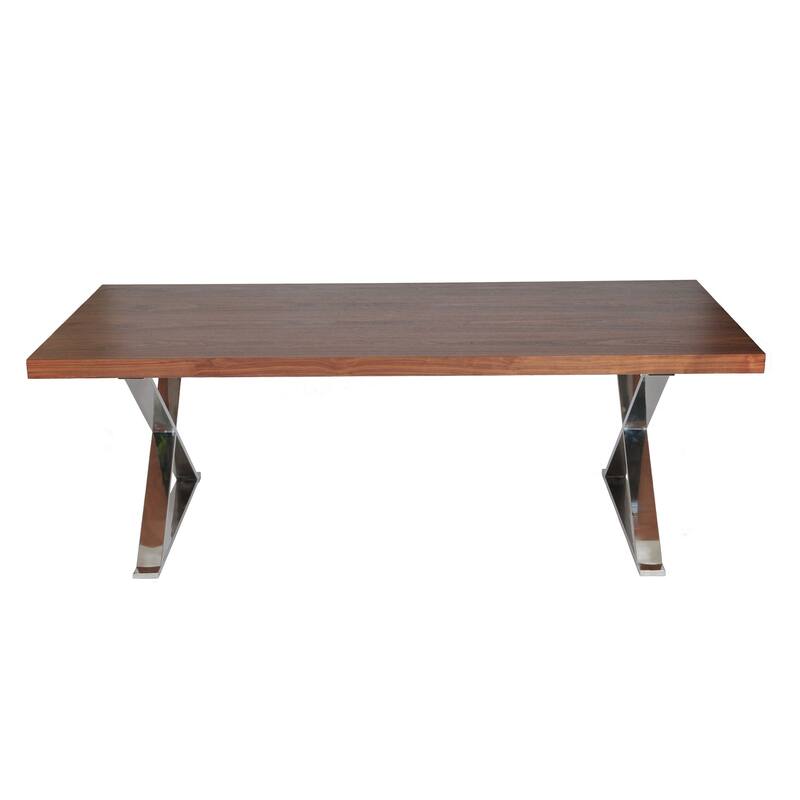 Rix 87 Inch Dining Table, X Chrome Legs, Walnut Brown Rectangular Wood Top