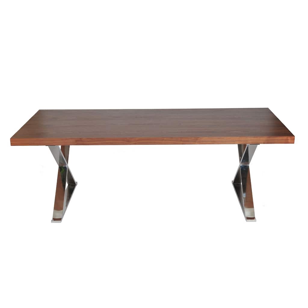 Rix 87 Inch Dining Table, X Chrome Legs, Walnut Brown Rectangular Wood Top