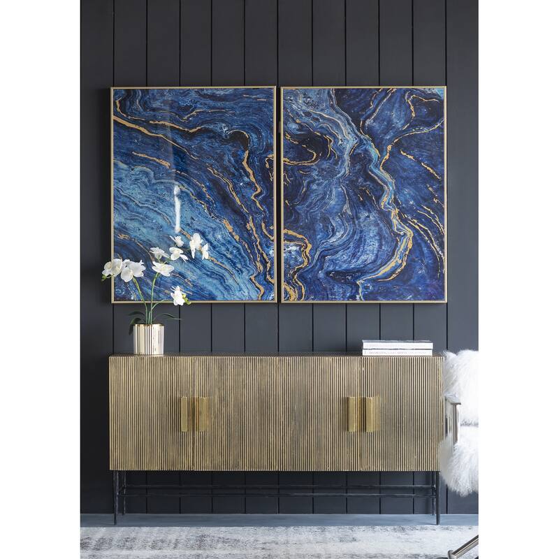 Set of 2, Modern Wall Decor Blue and Gold Framed Art Panels with Unique Marbled Design, for Home and office