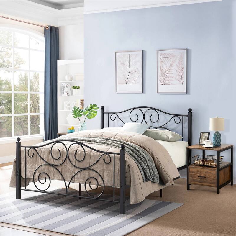 VECELO Metal Platform Bed Frame with Scroll Headboard, Twin/Full/Queen Size Beds