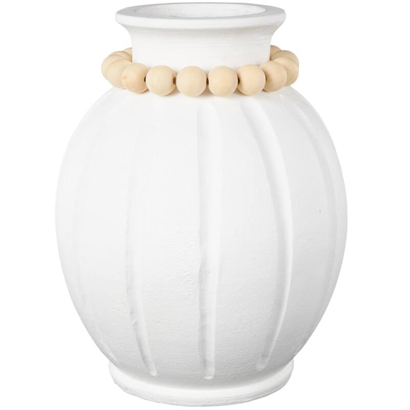 White Magnesium Oxide Decorative Vase with Light Brown Beads and Carved Grooves