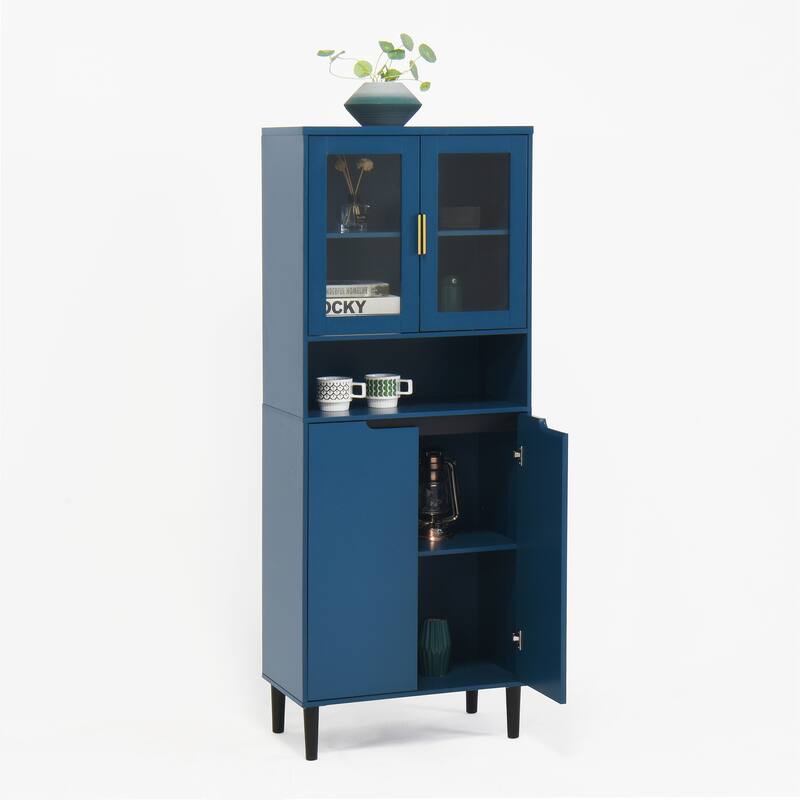 Tall Storage Show Cabinet with 2 Glass Display Door & 2 Doors, Kitchen Pantry Cabinet with Gold Handles，Cabinet Freestanding