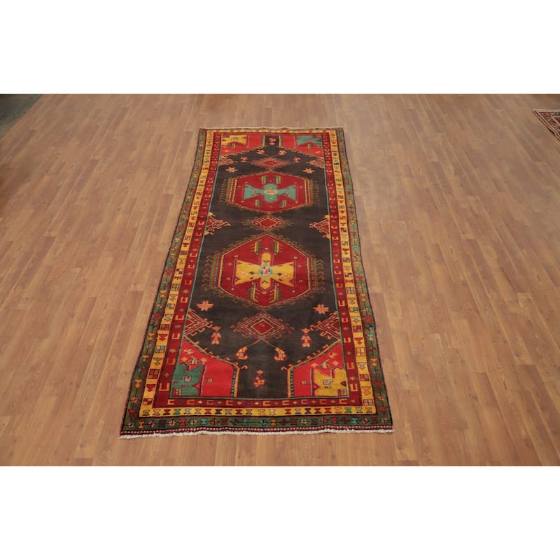 Hand Knotted Oriental 100% Wool Carpet Traditional Geometric Greys & Charcoal Ardebil Runner Rug - 9' 7'' X 4' 0''