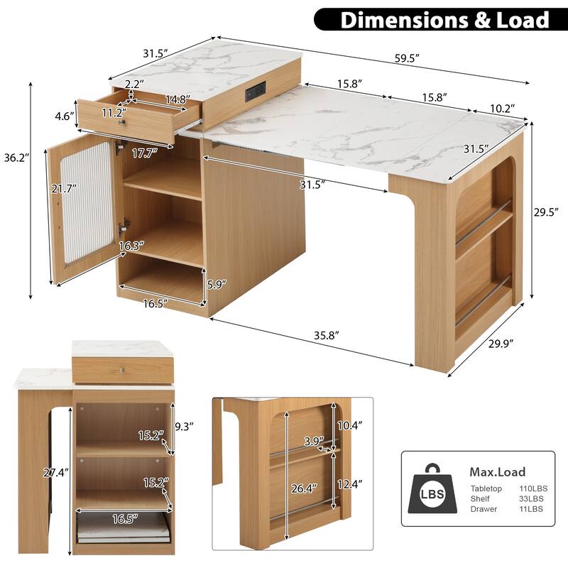 Kitchen Island with Extendable Dining Table, Kitchen Storage Table with 2 Drawers, Power Outlet, Open Shelves, for Diningroom