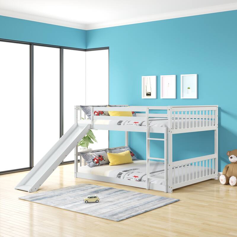 Full Over Full Bunk Bed with Ladder & Slide, Wooden Montessori Floor Bunk Bed Frame with Safety Guardrail, for Kids Girls Boys