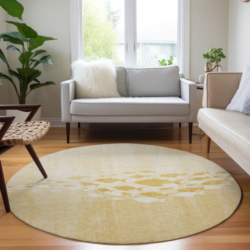 Machine Washable Indoor/ Outdoor Chantille Modern Sea Life Rug - Gold - 8' x 8'