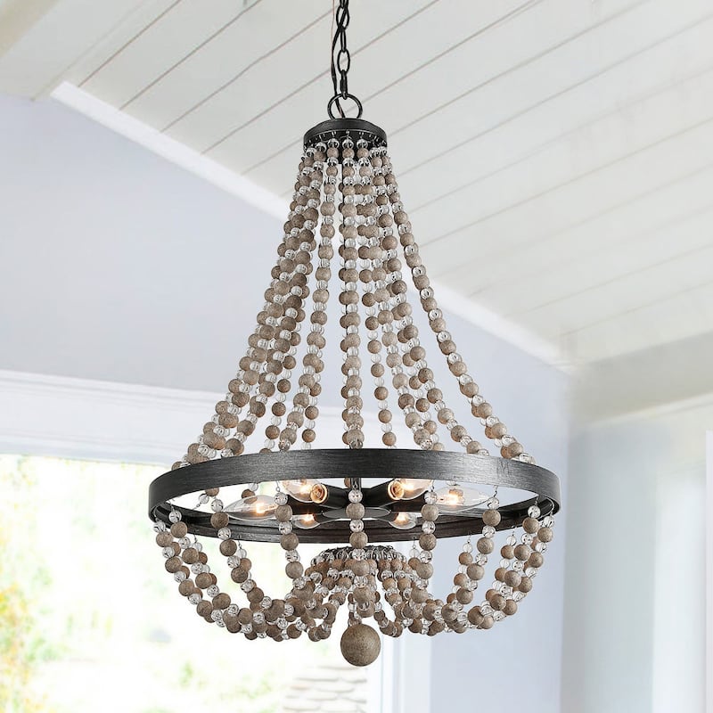 Farmhouse 6-Light Wood Beaded Chandelier Boho Coastal Pendant Light - D20.1" x H88.3"