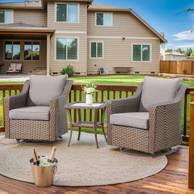 Outdoor Rattan Gliding Chair Set of 3 with Glass Table - Brown