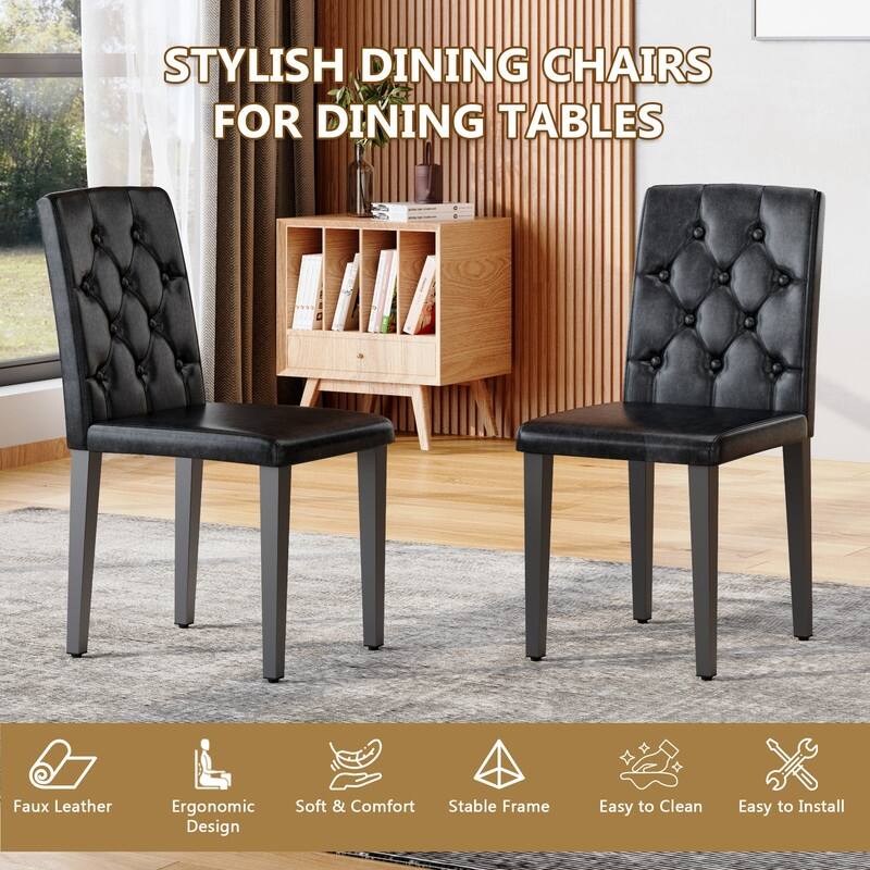4-Pack Modern PU Dining Chairs with Buckle Backrest, Black Metal Legs, Set of 4