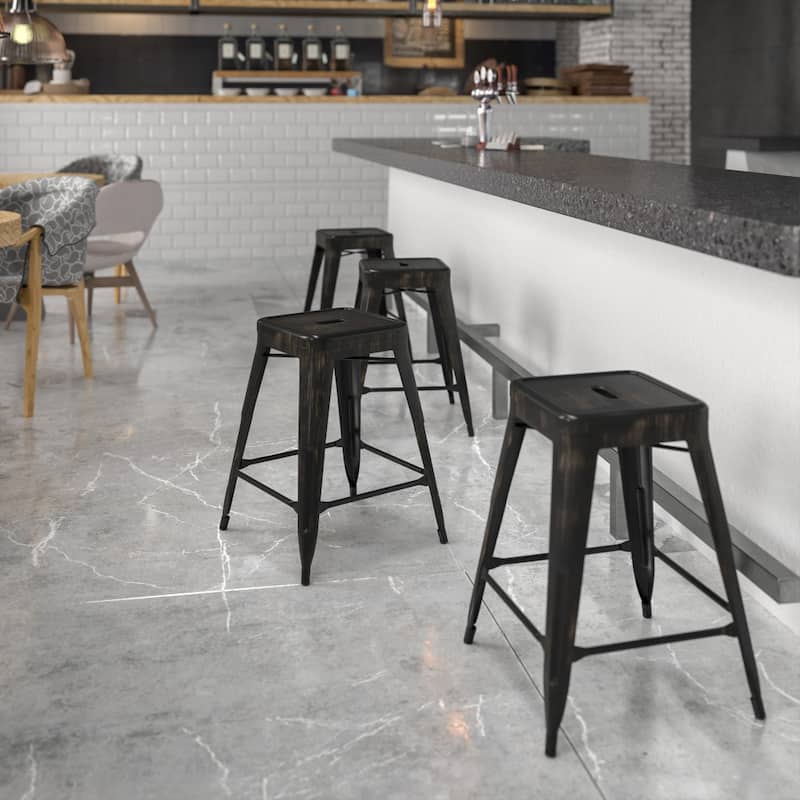 24" High Backless Metal Indoor-Outdoor Counter Height Stool w/Square Seat