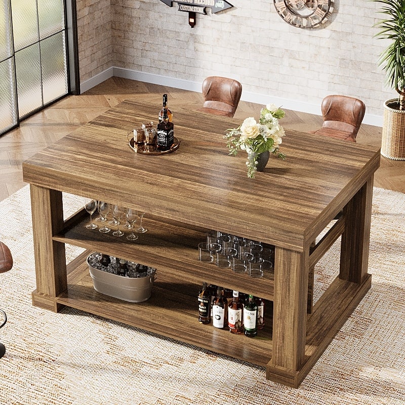 55-Inch Stationary Kitchen Island with Storage Shelves and Large Worktop, Farmhouse Style, Light Brown