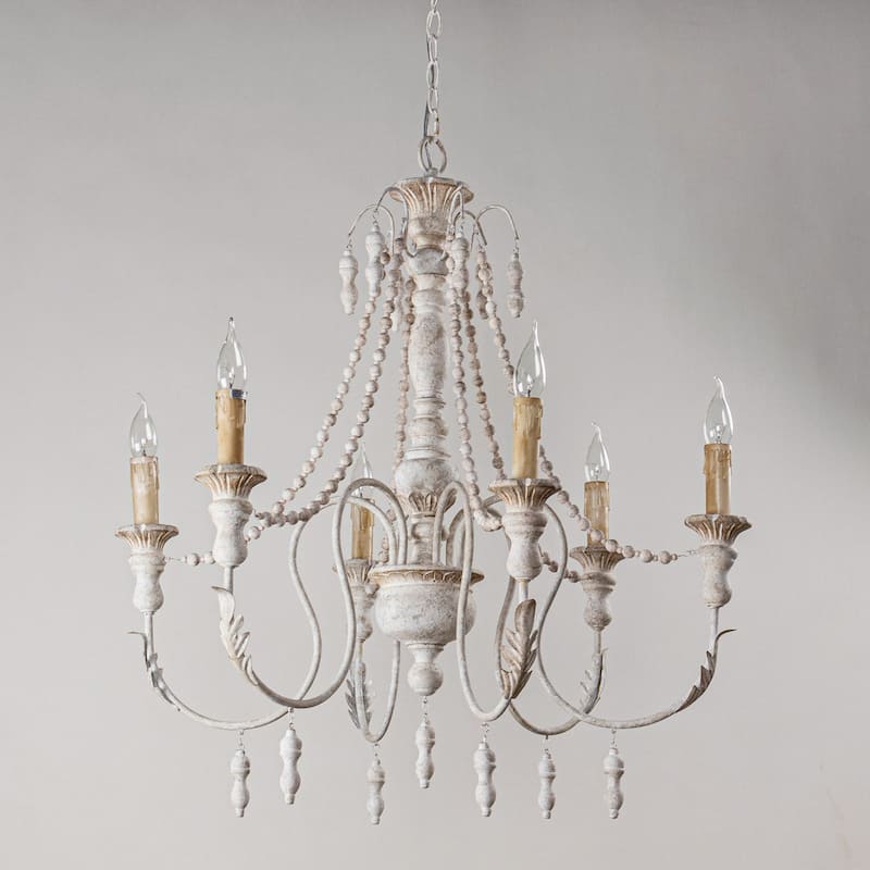 29.5" Distressed White Wood Beaded 6-Light Candle Chandelier
