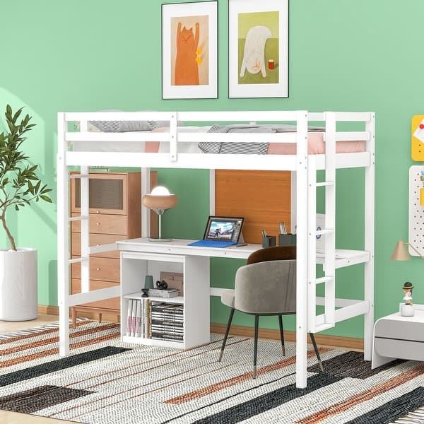 slide 2 of 11, Twin Size Loft Bed with Desk and Writing Board, Pine Wooden Bed with Desk, Kid's Bed with 2 Drawers Cabinet, White White