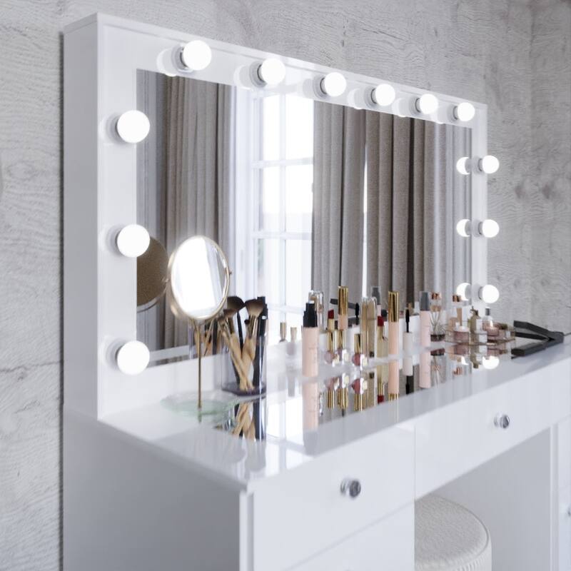 Hollywood Large Makeup Vanity Desk with 12 Light Bulbs; Modern Dressing Table with Multiple Storage Drawers & Crystal Knobs