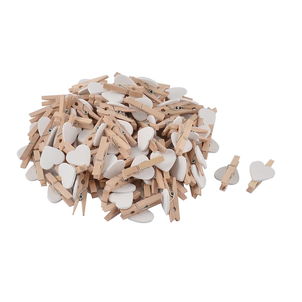 Card Photo Clothes Heart Shape Spring Pegs Mini Wooden Clip 100pcs - Wood Color,White - 1.2" x 0.7" x 0.4"(L*W*T)