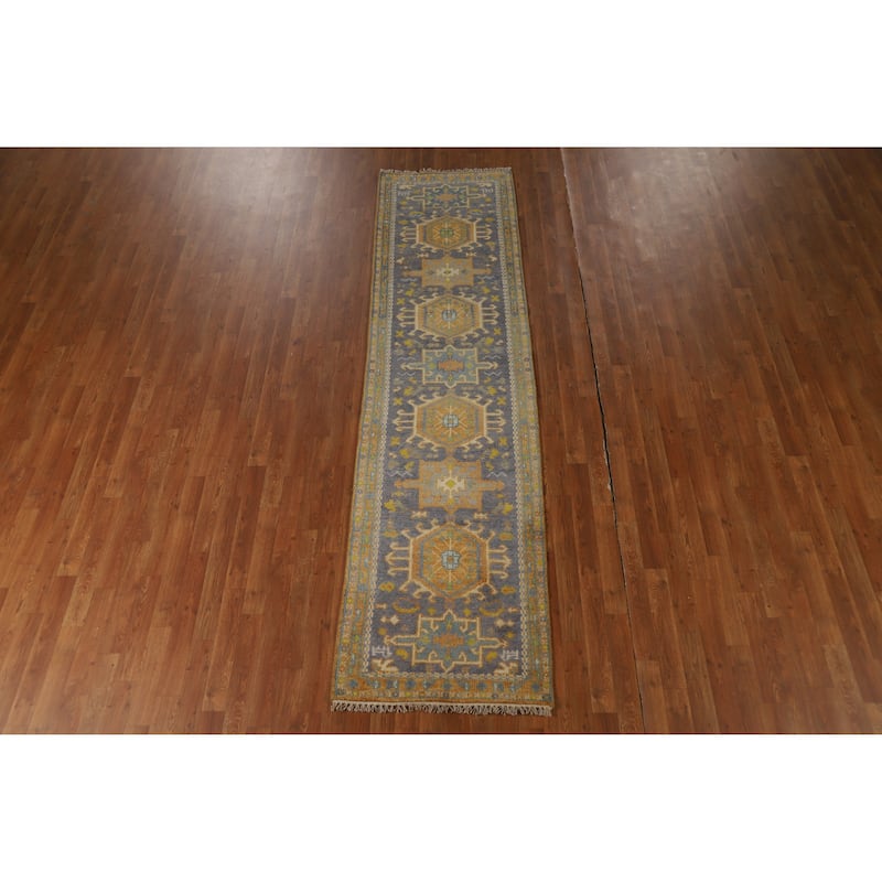 Hand Knotted Oriental 100% Wool Carpet Transitional Geometric Greys & Charcoal Khotan Runner Rug - 9' 8'' X 2' 6''