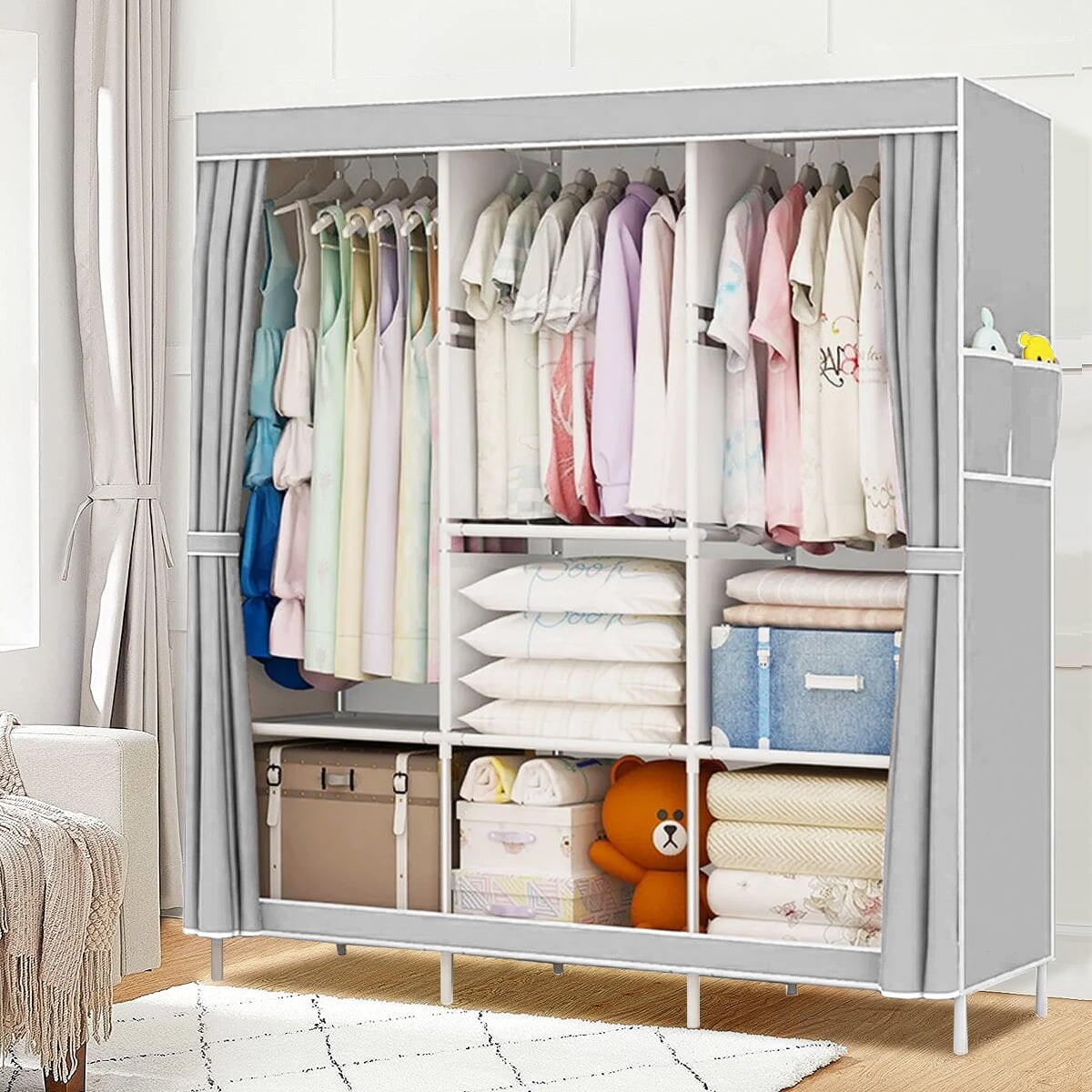 Clothes Organizer with 3 Hanging Rod Closet Organizer with Shelf Storage  Wardrobe Garment Cabinet 50x17x67inch - Overstock - 36787132