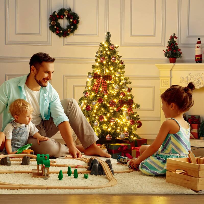 4.5FT Pre-Lit Christmas Tree Holiday Xmas Tree with Lighting Vintage Potted Base