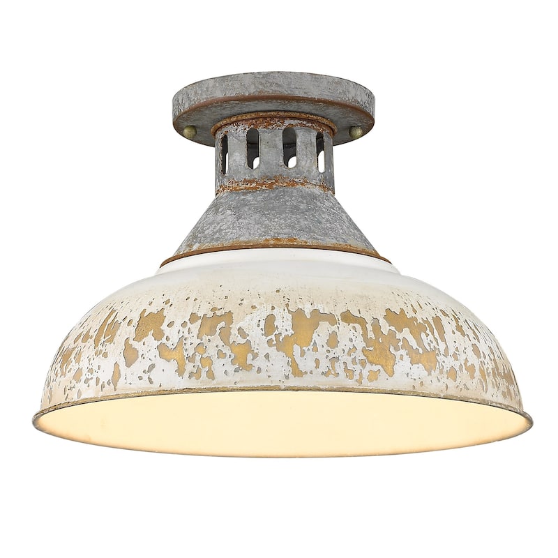 Kinsley Semi-Flush in Aged Galvanized Steel with Antique Ivory Shade - 15x9.625"