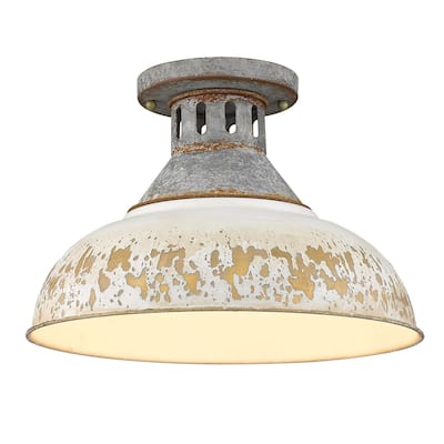 Kinsley Semi-Flush in Aged Galvanized Steel with Antique Ivory Shade - 15x9.625"