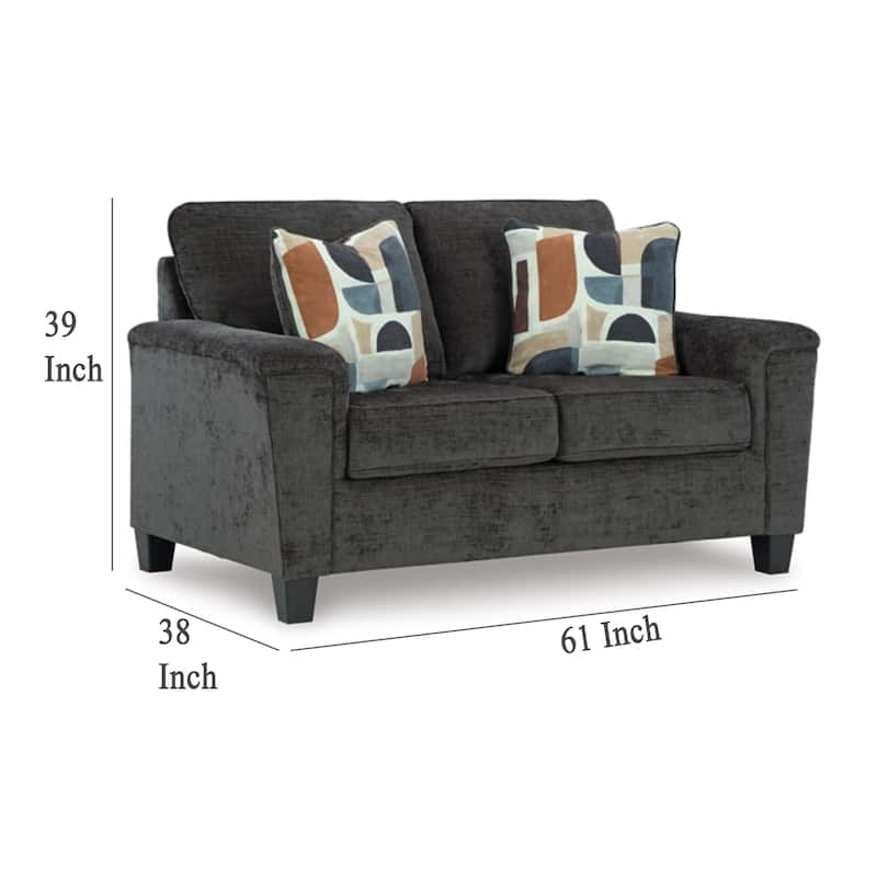 Erin Loveseat, 2 Accent Throw Pillows, 61 Inch Dark Gray Polyester