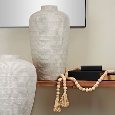 Cream Ceramic Textured Decorative Vase with Linear Pattern - 12"W, 23"H
