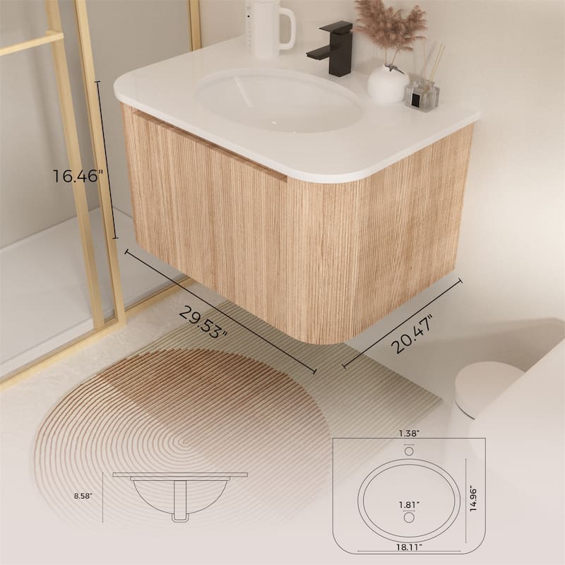 30" Wall Mounted Bathroom Vanity with Sink Curved Design, Soft Close Drawer