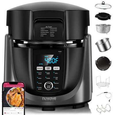 Electric Pressure Cooker & Air Fryer Combo, 450 IN 1 Slow Cooker Grill with Digital Temp Probe, 6qt Adjustable High/Low Pressure