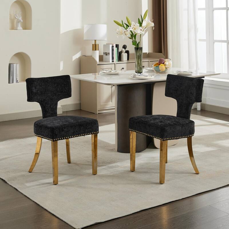 GDF Studio - Mid-Century Chenille Upholstered Dining Chairs with Curved Back & Golden Stainless Steel Legs, Set of 2