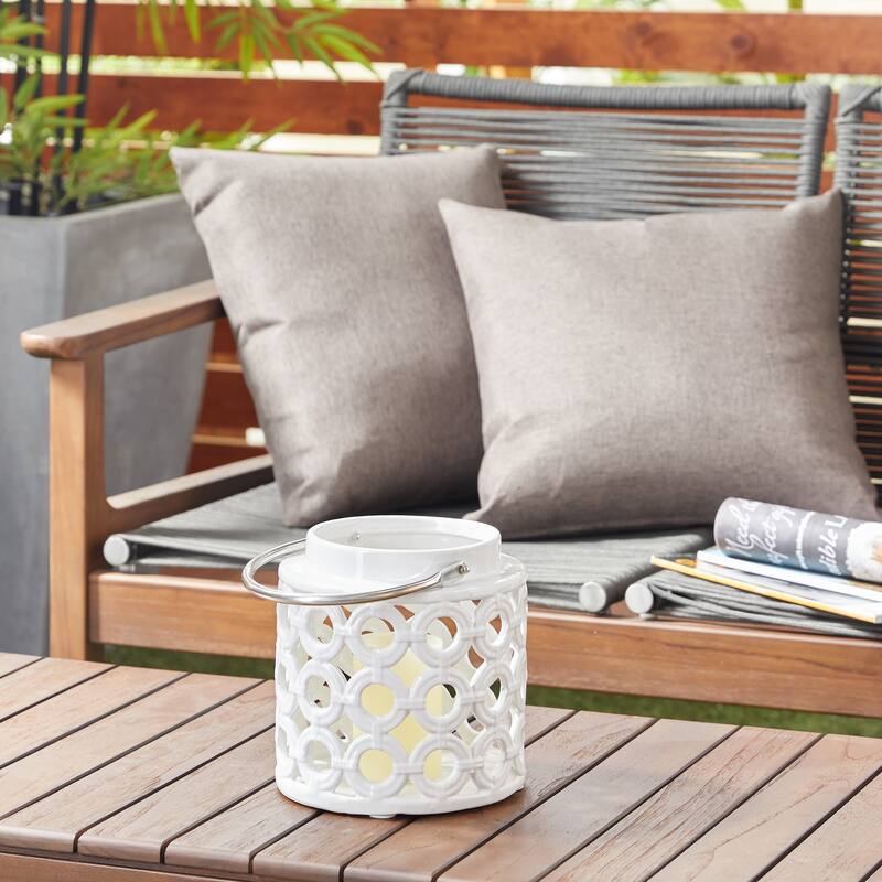 White Ceramic Circles Decorative Indoor Outdoor Candle Lantern with Cut Out Design - 8 x 9 x 8 - 8 x 9 x 8 - White