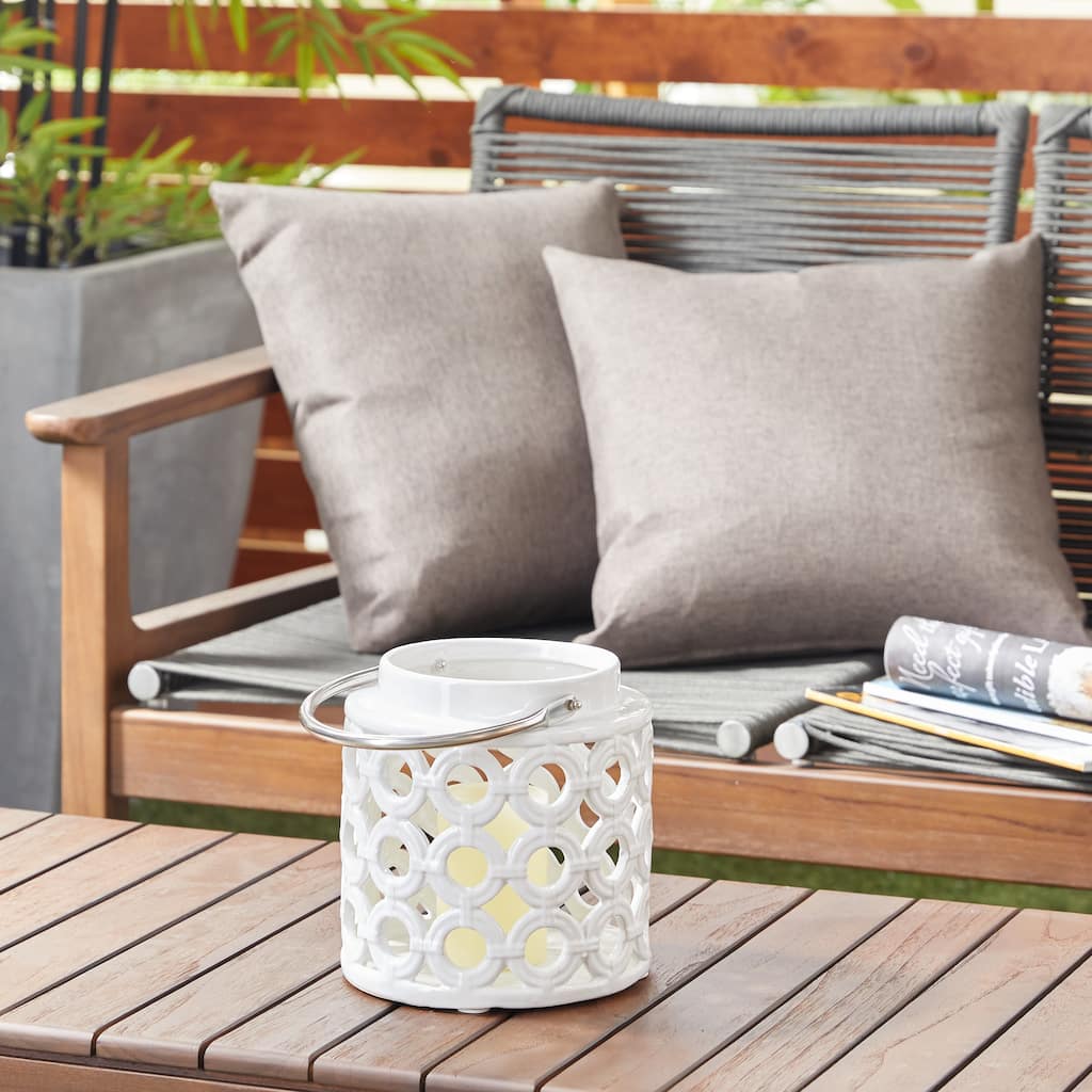 White Ceramic Circles Decorative Indoor Outdoor Candle Lantern with Cut Out Design - 8 x 9 x 8