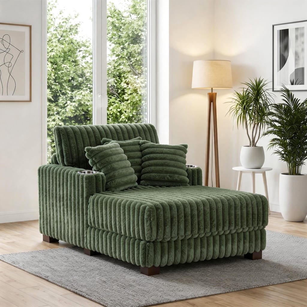 Modern Plush Chaise Lounge Fabric Sofa with Pillows Cup holder