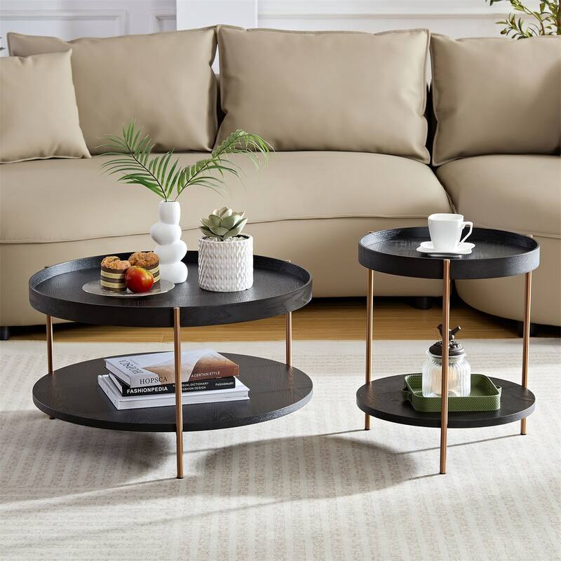 2-Piece 2 tier Round Coffee Table Set,Easy Assembly Nesting End Tables