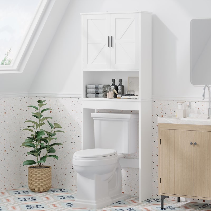 Over The Toilet Storage Cabinet with Adjustable Shelf, Bathroom Space Saver Organizer with Double Doors and Open Shelf