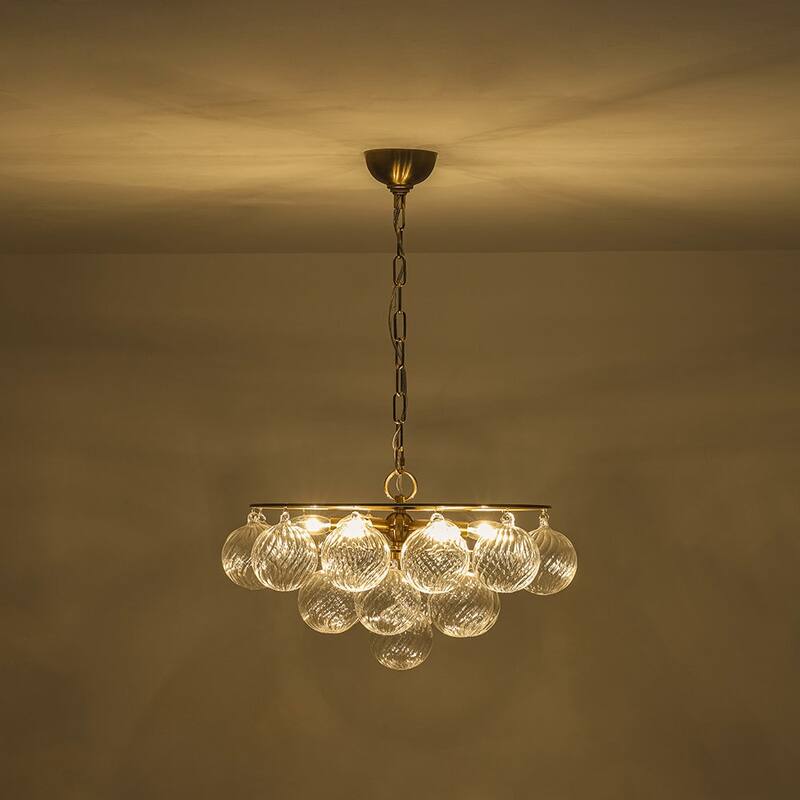 Mid-Century 6-Light Cluster Ribbed Glass Globe Bubble Chandelier
