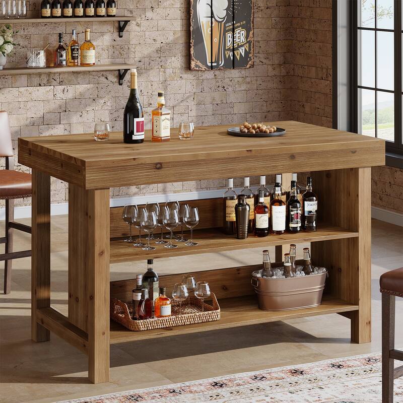 3-Tier 55-Inch Bar Table, Solid Wood Farmhouse Home Bar Unit - Brown