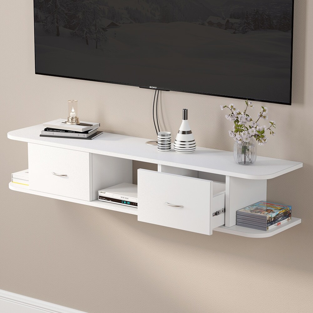 Floating Tv Console With Drawers For Cable Boxes Router Dvd Player Overstock 30531585 Your new flat screen tv is finally mounted, and you're ready to start if you have an unmounted tv sitting on a cabinet, shelf, or any other surface, we have a couple of. floating tv console with drawers for cable boxes router dvd player