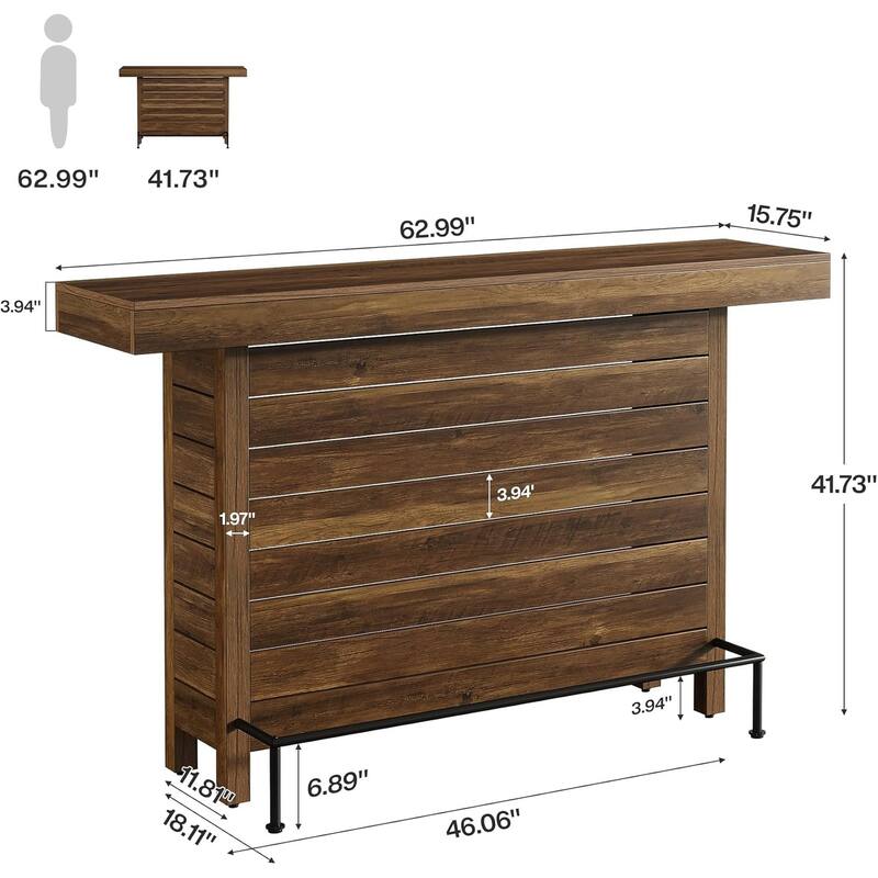 63" Industrial 3-Tier Bar Table, Wooden Rectangular Home Bar Unite for Home Kitchen, Living Room