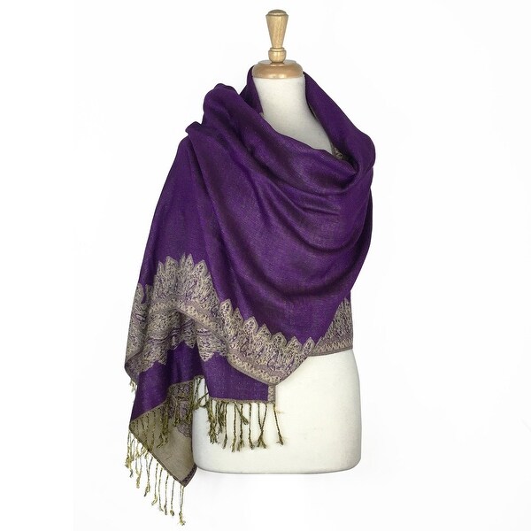 Pashmina Shawl Scarf Wrap Border Pattern Double Layered Reversible - Grey - 28" x 70"