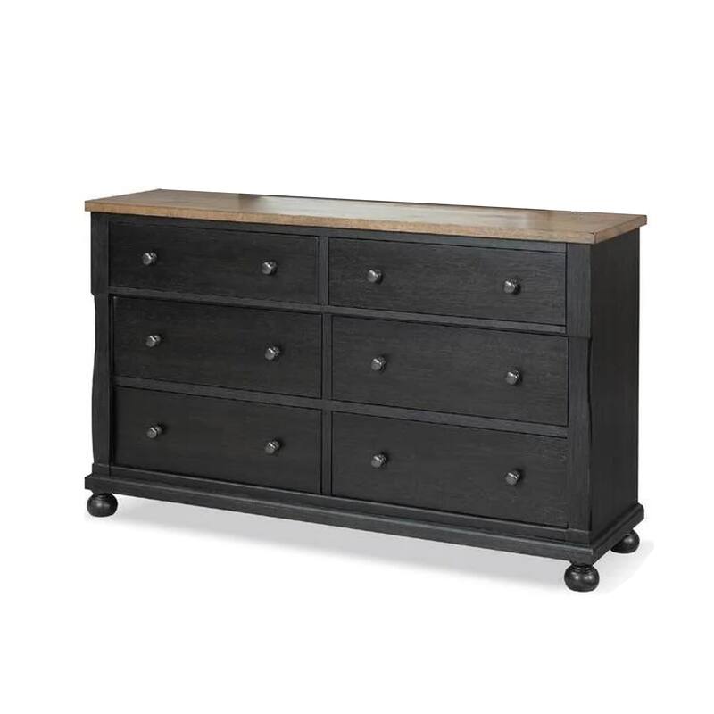 Ginie 64 Inch Dresser, 5 Drawers and Farmhouse Legs, Black Brown Oak